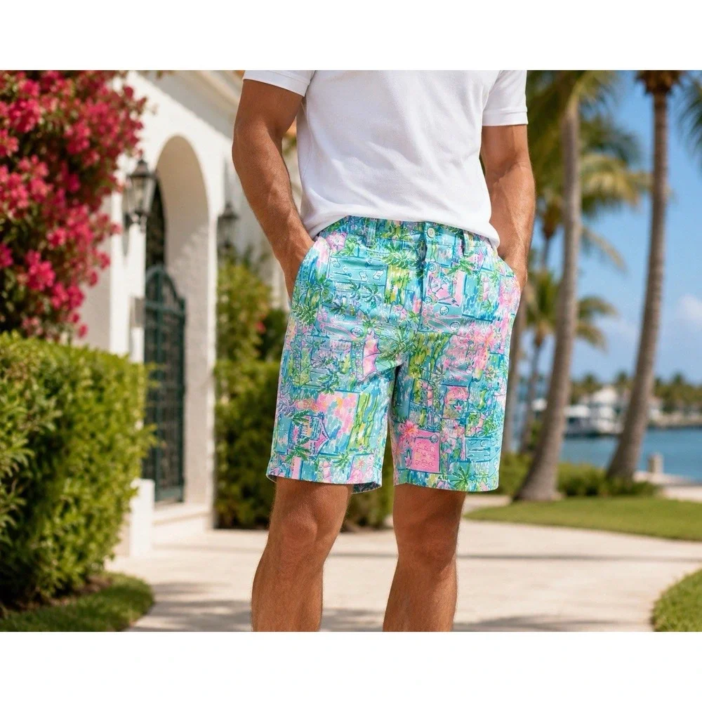 Lilly Pulitzer Mens Beaumont Shorts 38 Honda Classic Golf Print Cotton Stretch